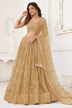 Golden Net Lehenga Choli For Indian & Pakistani Wedding Festival - Thread Embroidery Work, Sequence Embroidery Work, Real Mirror Work