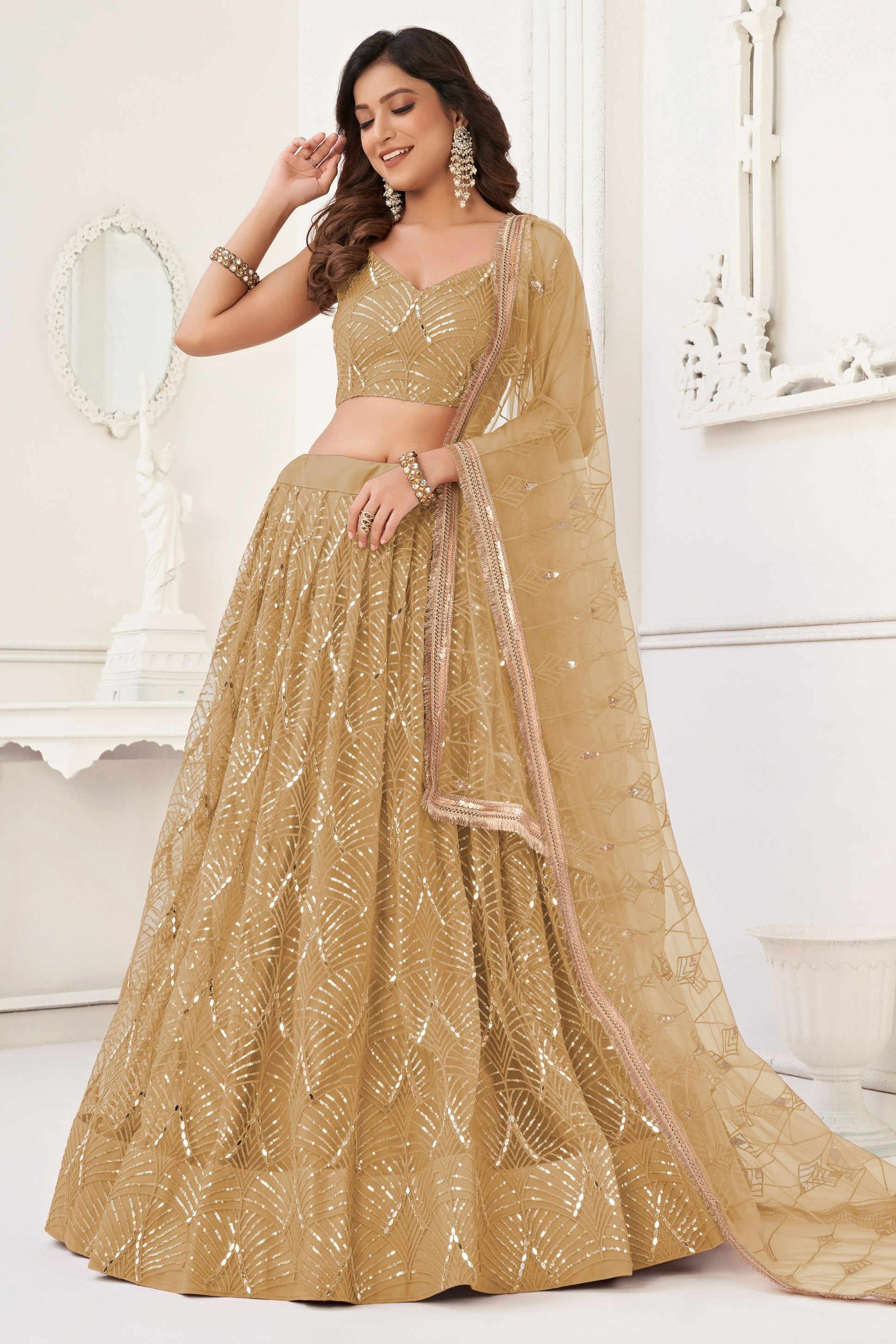 Golden Net Lehenga Choli For Indian & Pakistani Wedding Festival - Thread Embroidery Work, Sequence Embroidery Work, Real Mirror Work