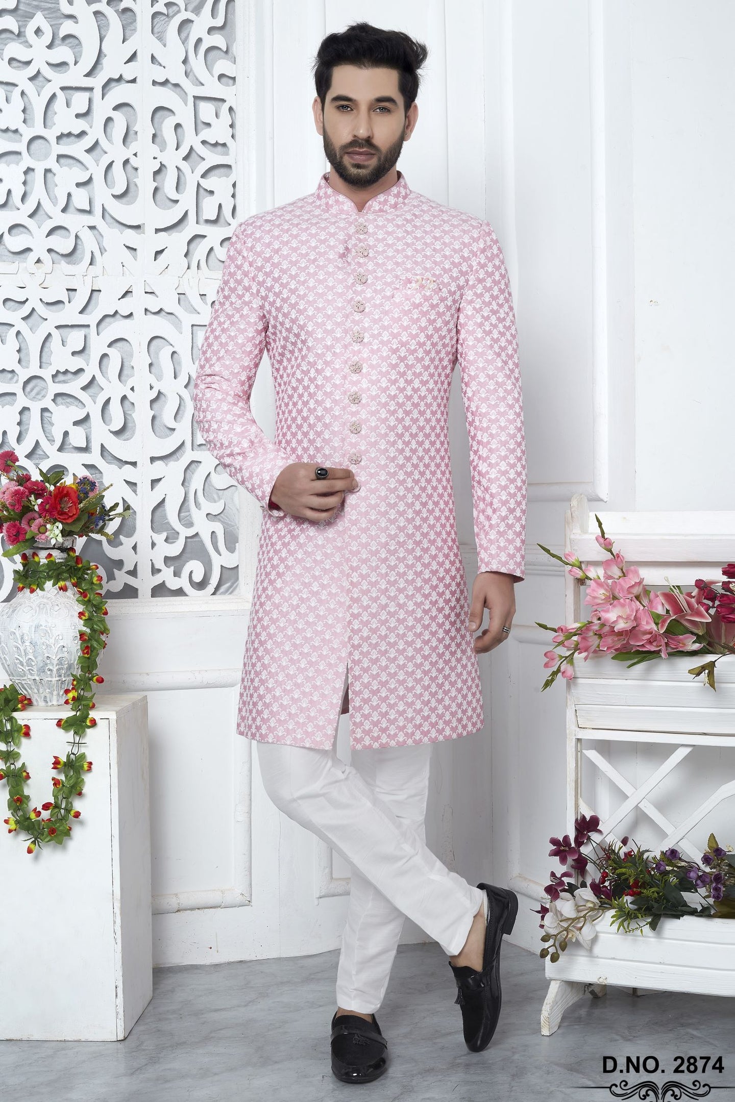 Golden Pink Art Silk Embroidery Wedding Reception Dress for Male