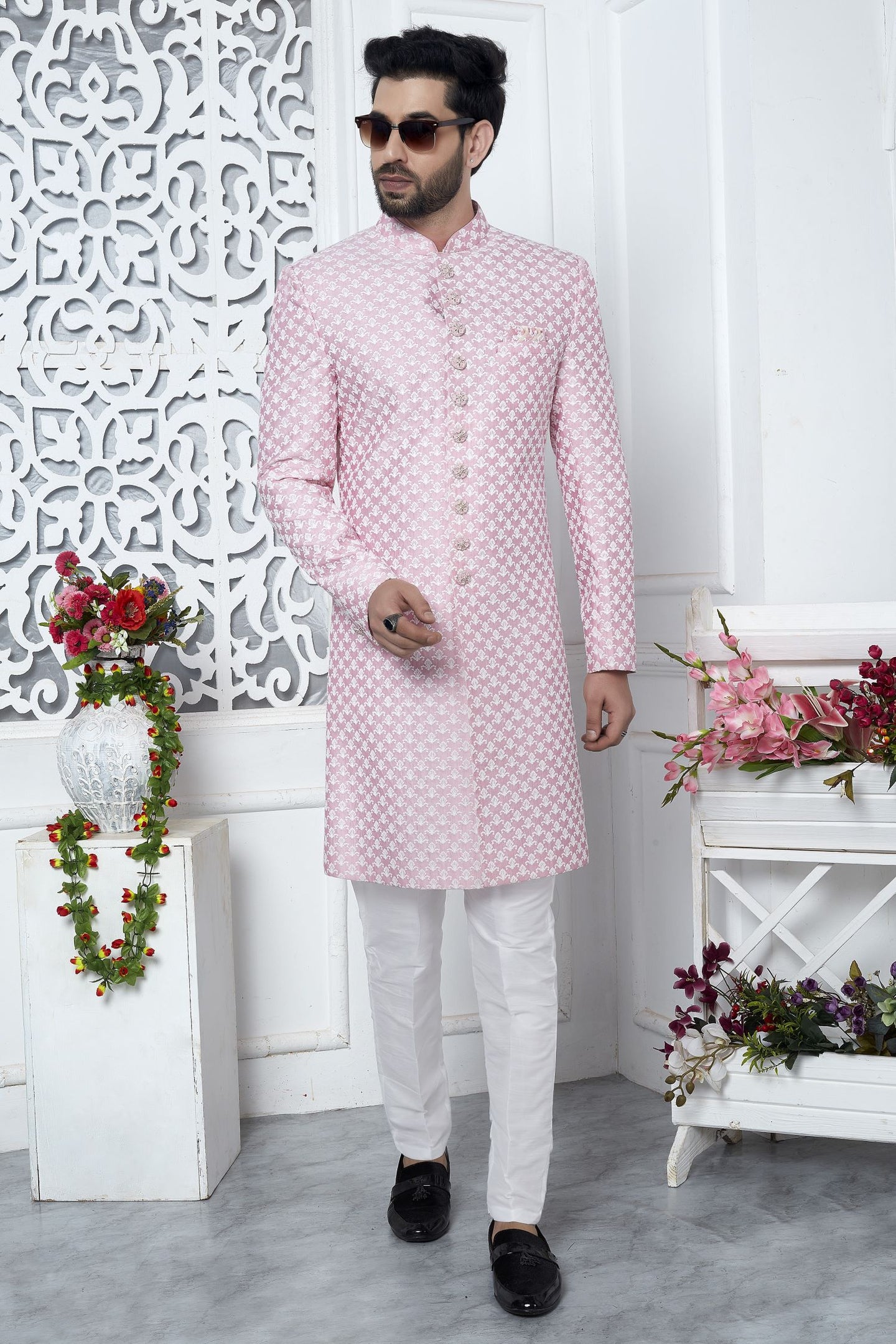 Golden Pink Art Silk Embroidery Wedding Reception Dress for Male