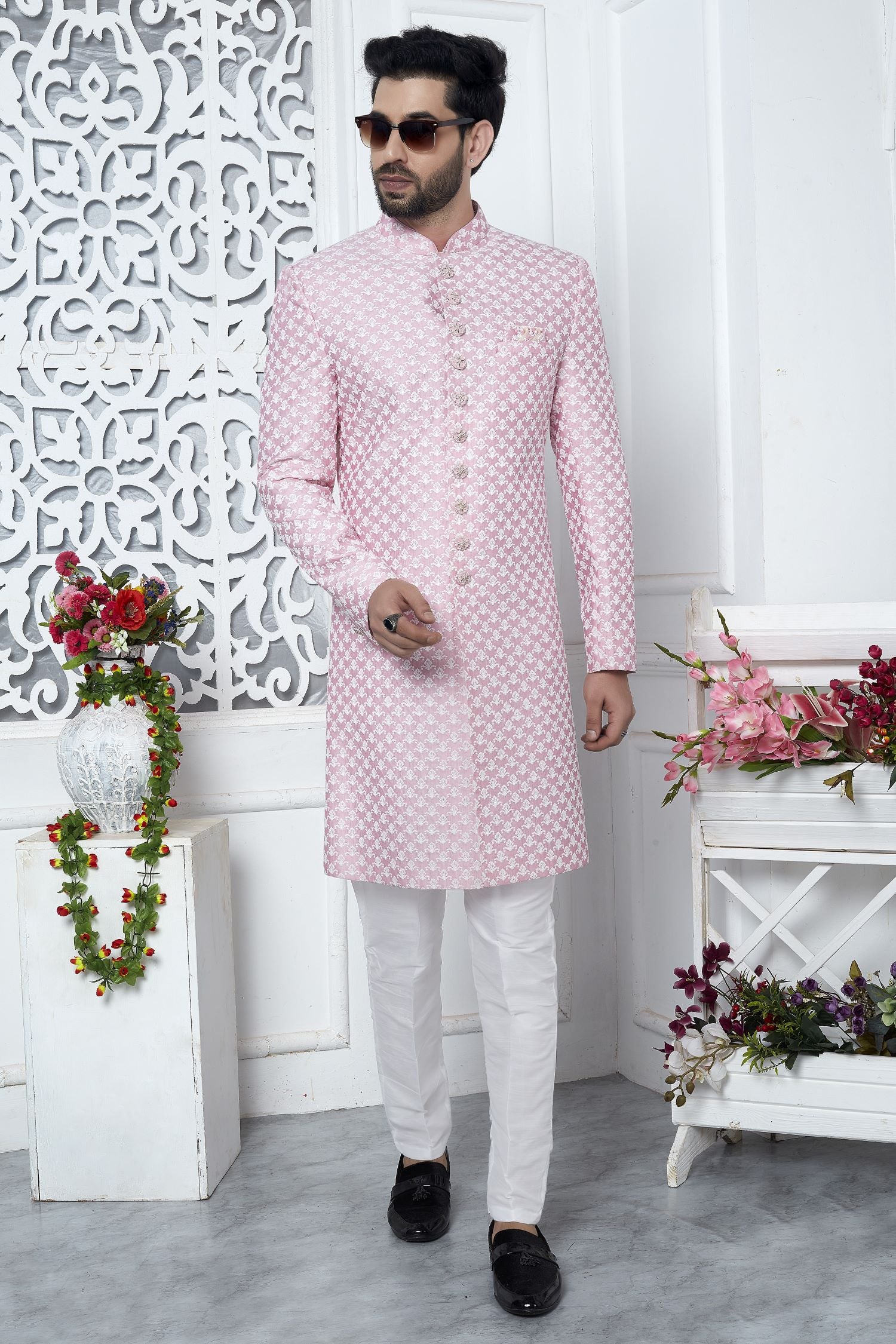 Golden Pink Art Silk Embroidery Wedding Reception Dress for Male