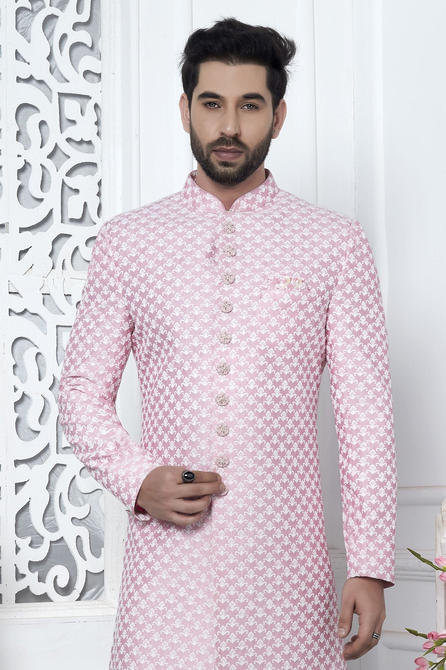 Golden Pink Art Silk Embroidery Wedding Reception Dress for Male