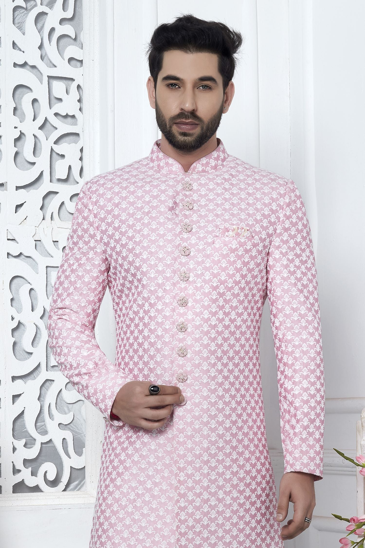 Golden Pink Art Silk Embroidery Wedding Reception Dress for Male
