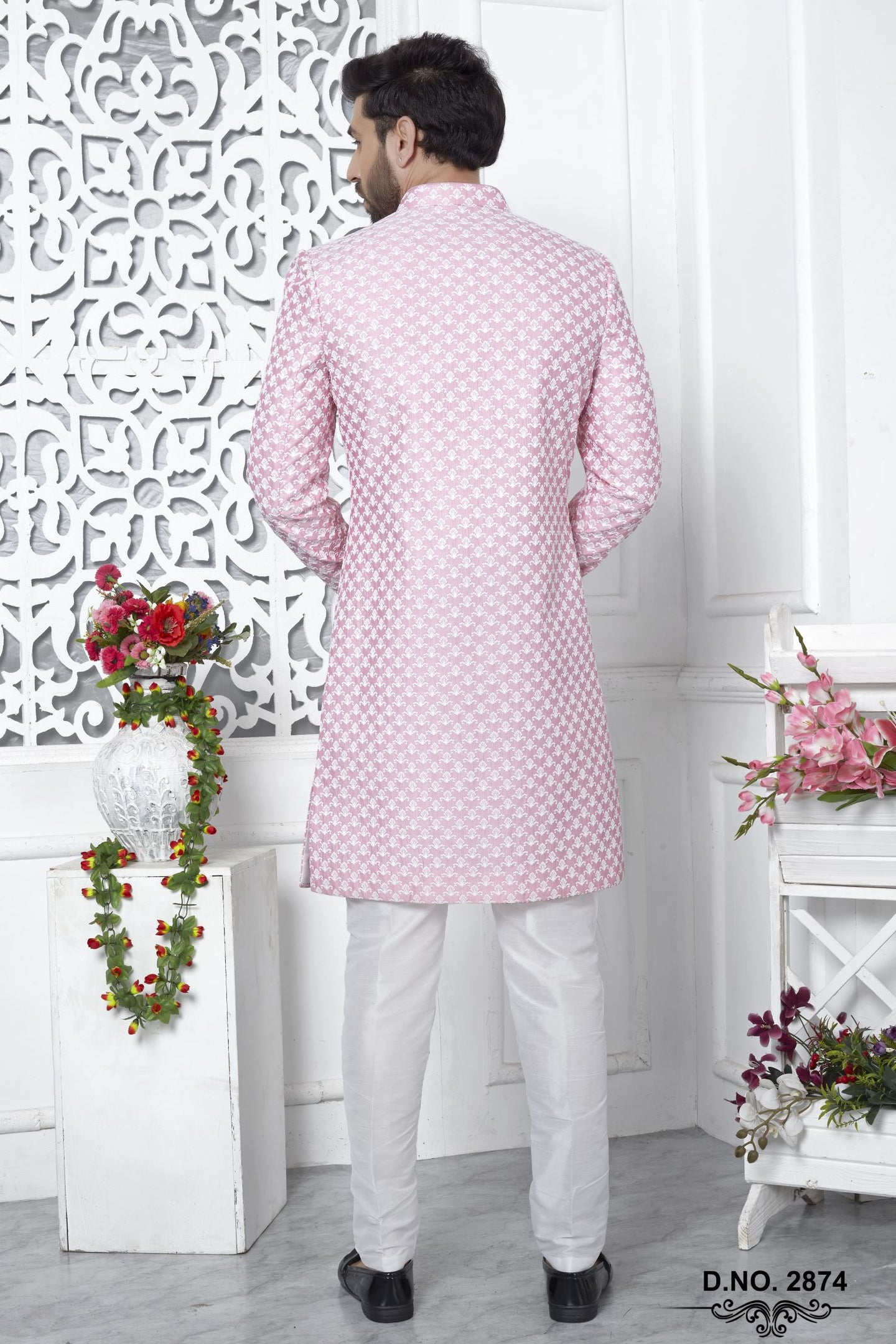 Golden Pink Art Silk Embroidery Wedding Reception Dress for Male