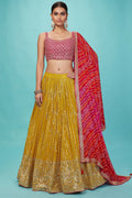 Golden Pink Art Silk Lehenga Choli For Indian & Pakistani Wedding Festival - Zari Work, Sequence Embroidery Work, Print Work, Real Mirror Work