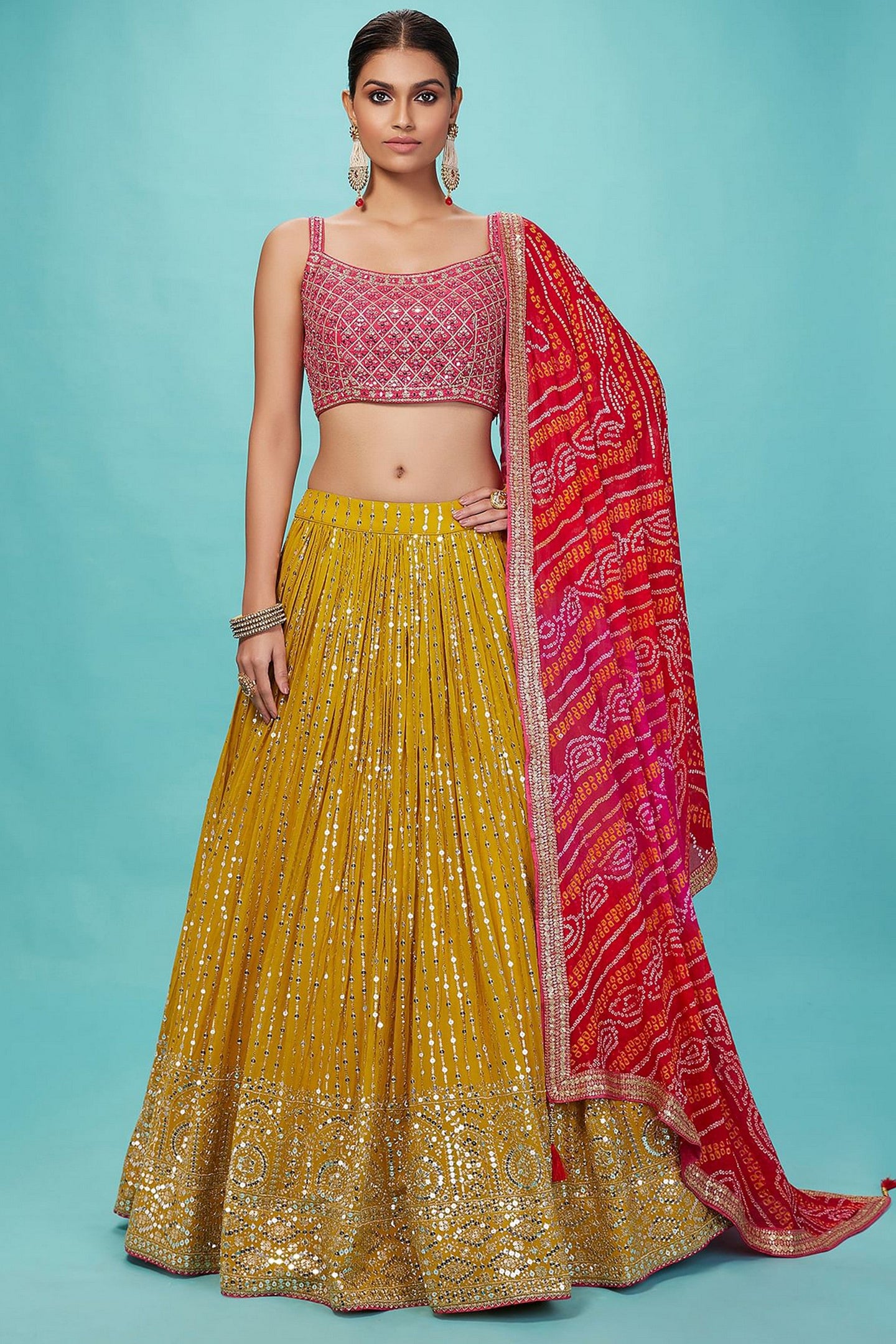 Golden Pink Art Silk Lehenga Choli For Indian & Pakistani Wedding Festival - Zari Work, Sequence Embroidery Work, Print Work, Real Mirror Work