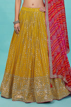 Golden Pink Art Silk Lehenga Choli For Indian & Pakistani Wedding Festival - Zari Work, Sequence Embroidery Work, Print Work, Real Mirror Work