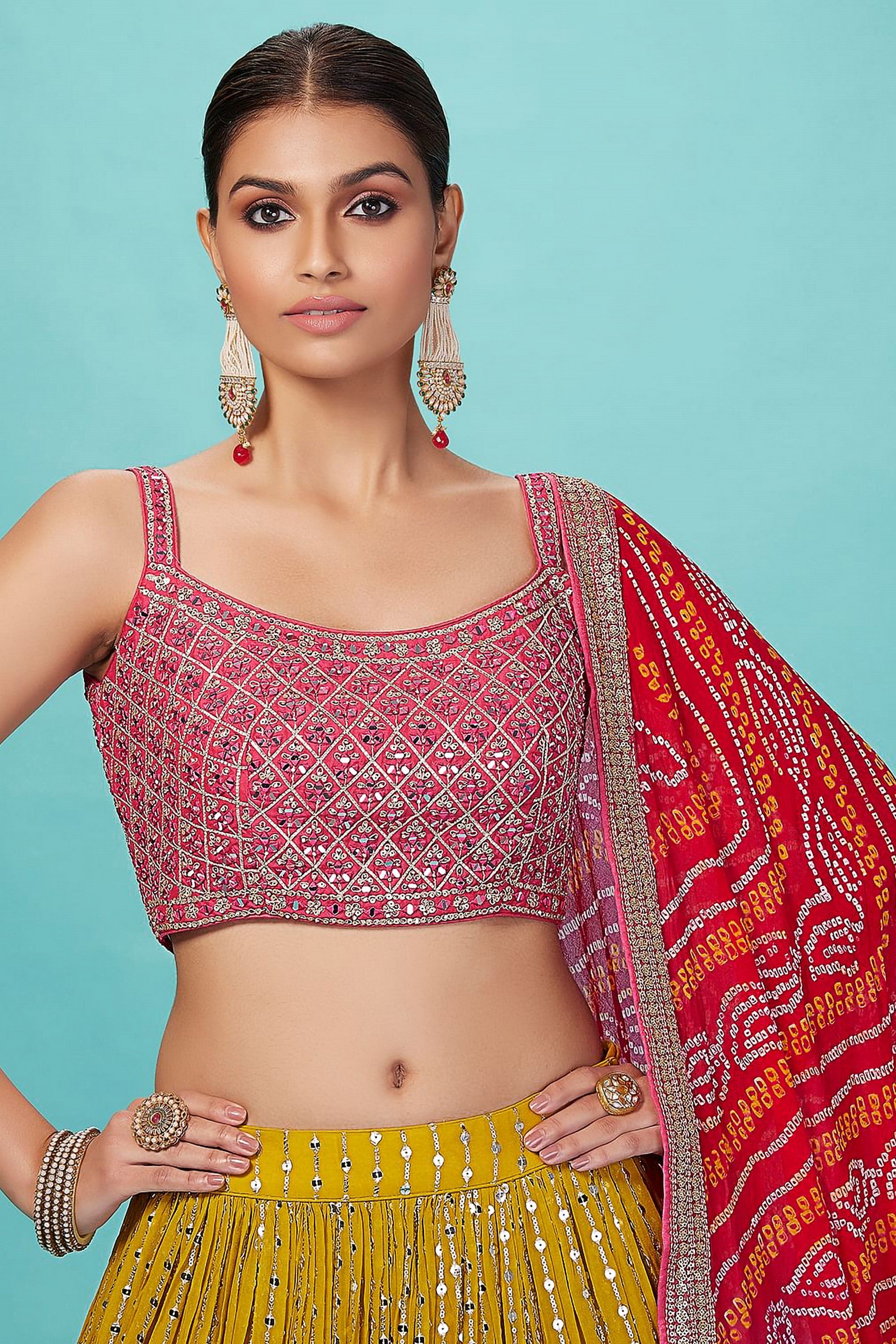 Golden Pink Art Silk Lehenga Choli For Indian & Pakistani Wedding Festival - Zari Work, Sequence Embroidery Work, Print Work, Real Mirror Work