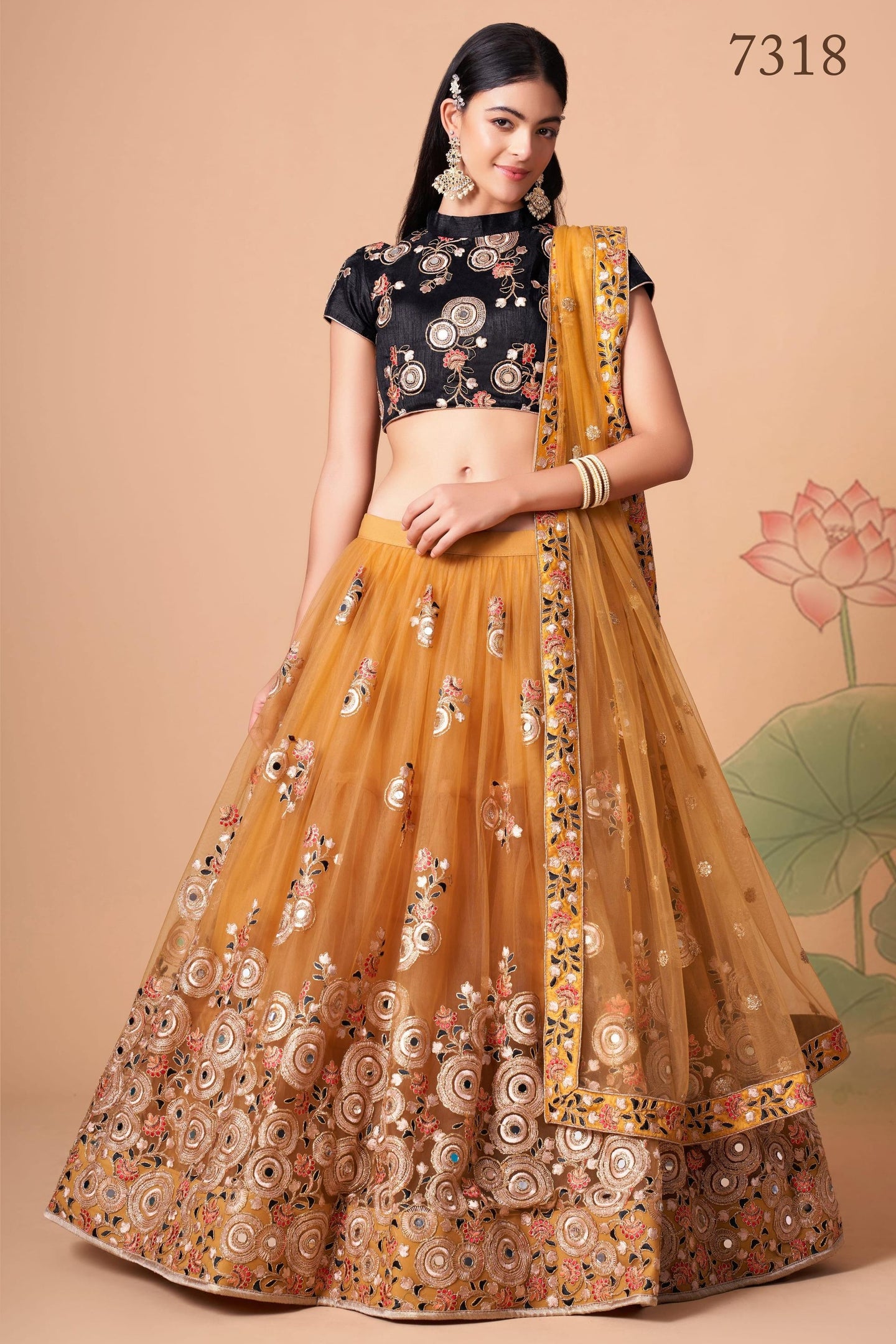 Golden Yellow Art Silk Lehenga Choli For Indian & Pakistani Wedding Festival - Sequins & Thread Embroidery Work, Zari Work, Real Mirror Work, Mirr