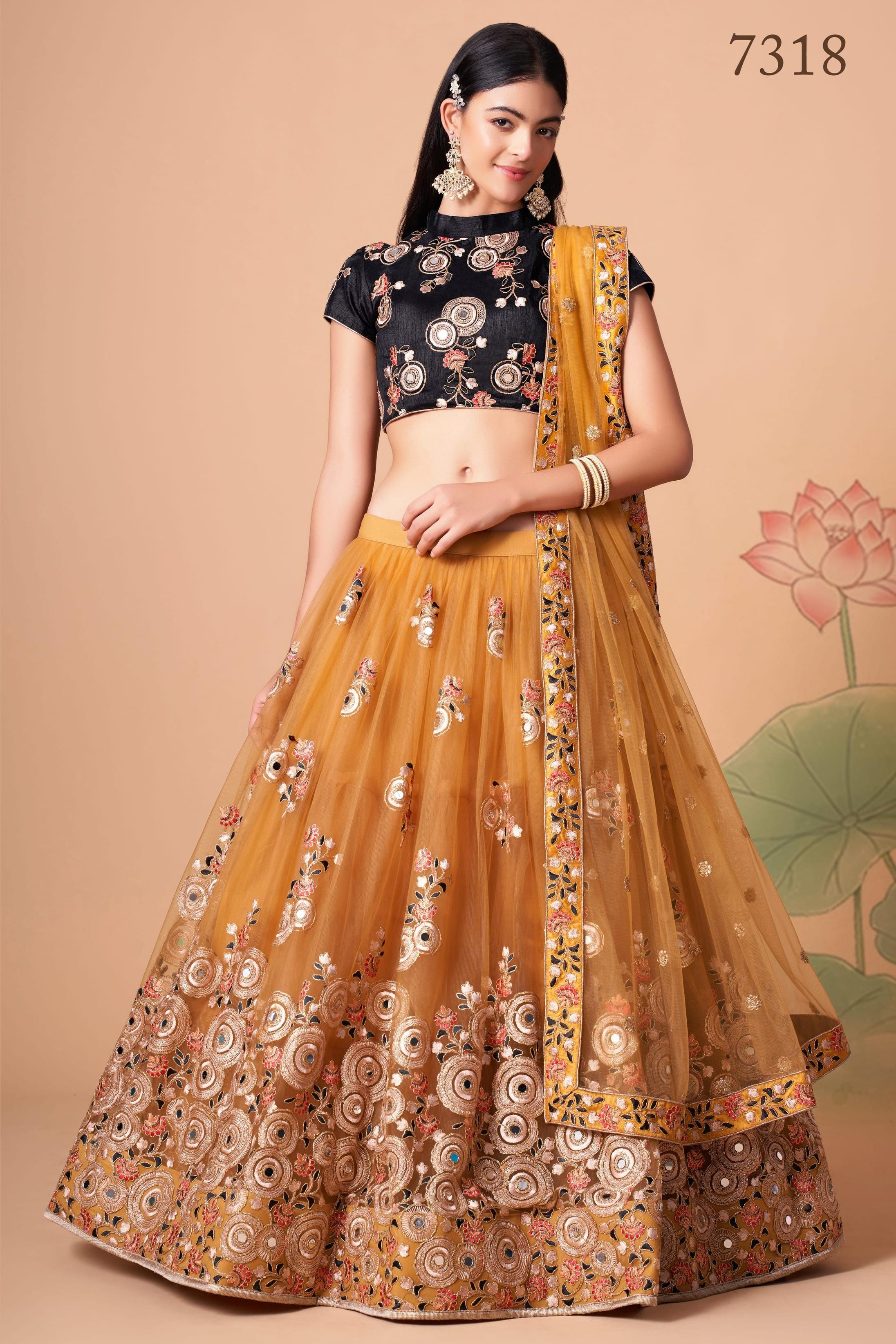Golden Yellow Art Silk Lehenga Choli For Indian & Pakistani Wedding Festival - Sequins & Thread Embroidery Work, Zari Work, Real Mirror Work, Mirr