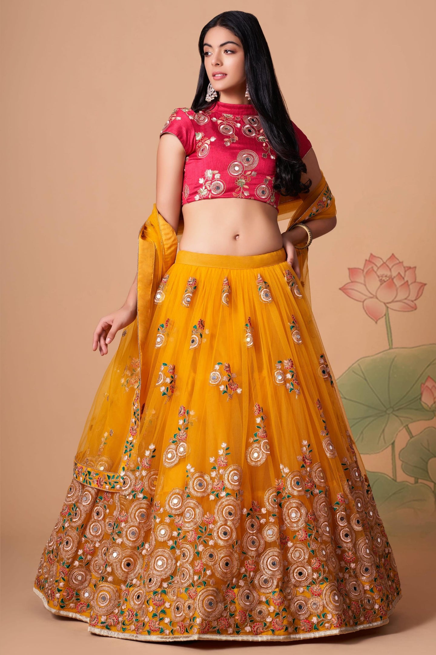 Yellow Art Silk Lehenga Choli For Indian & Pakistani Wedding Festival - Sequins & Thread Embroidery Work, Zari Work, Real Mirror Work, Mirr