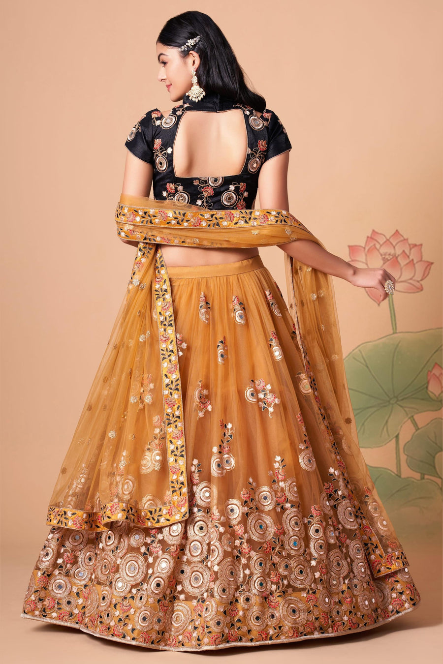 Golden Yellow Art Silk Lehenga Choli For Indian & Pakistani Wedding Festival - Sequins & Thread Embroidery Work, Zari Work, Real Mirror Work, Mirr