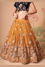 Golden Yellow Art Silk Lehenga Choli For Indian & Pakistani Wedding Festival - Sequins & Thread Embroidery Work, Zari Work, Real Mirror Work, Mirr