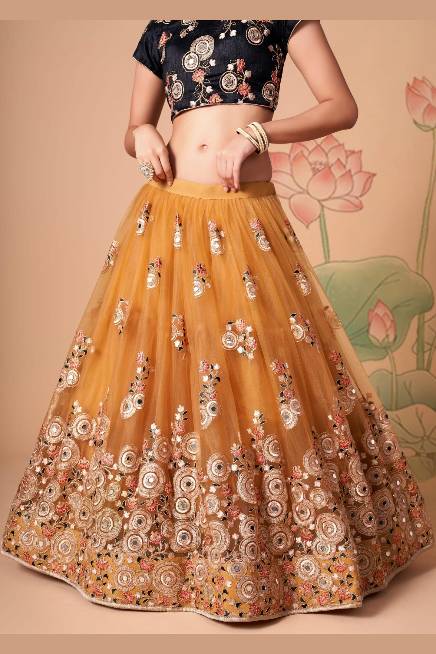 Golden Yellow Art Silk Lehenga Choli For Indian & Pakistani Wedding Festival - Sequins & Thread Embroidery Work, Zari Work, Real Mirror Work, Mirr