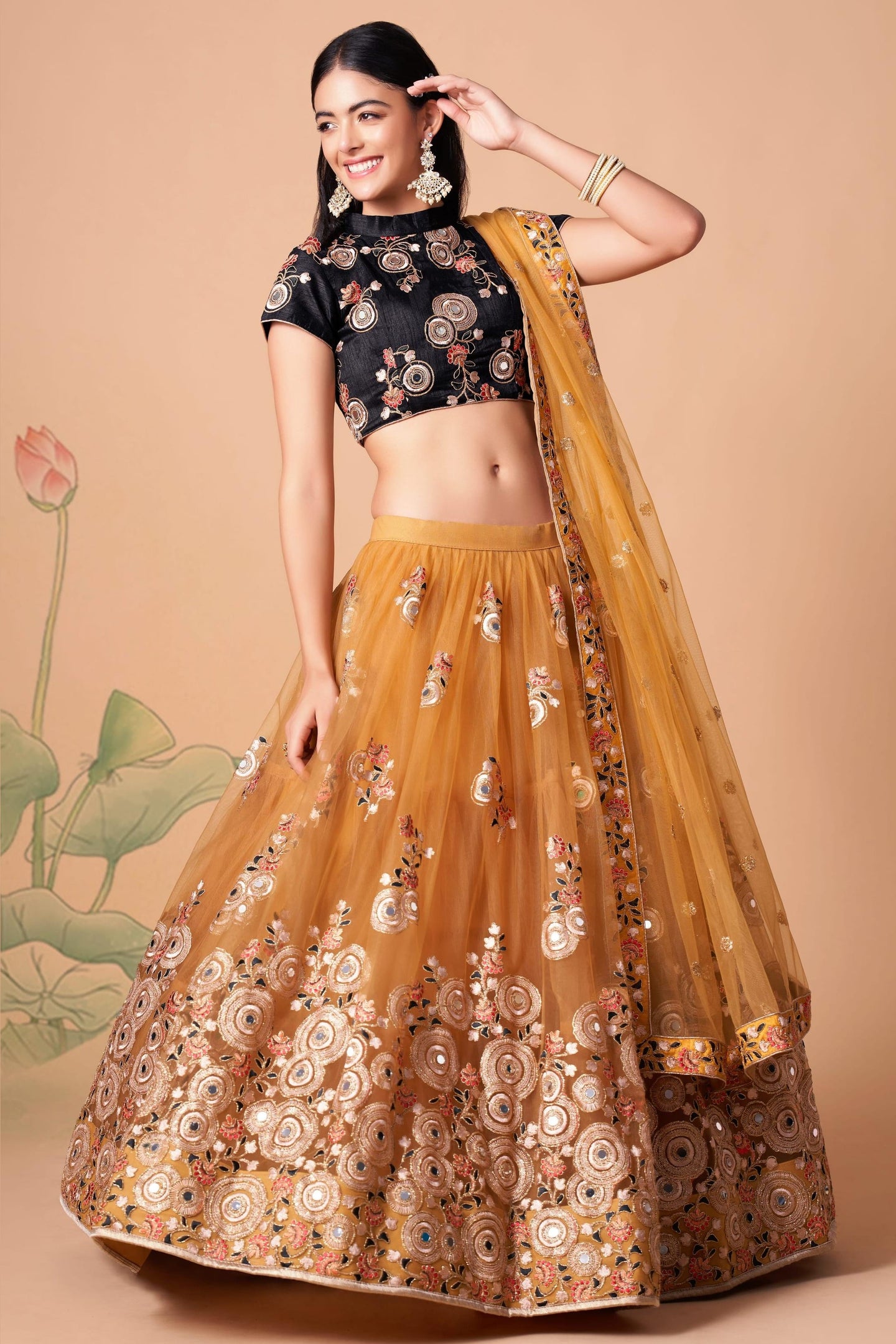 Golden Yellow Art Silk Lehenga Choli For Indian & Pakistani Wedding Festival - Sequins & Thread Embroidery Work, Zari Work, Real Mirror Work, Mirr