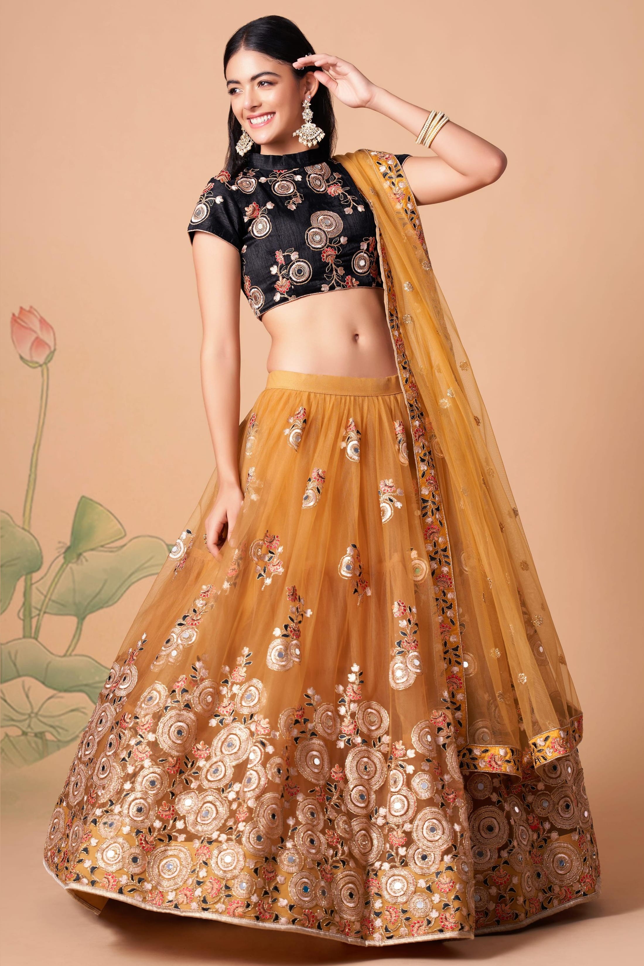 Golden Yellow Art Silk Lehenga Choli For Indian & Pakistani Wedding Festival - Sequins & Thread Embroidery Work, Zari Work, Real Mirror Work, Mirr