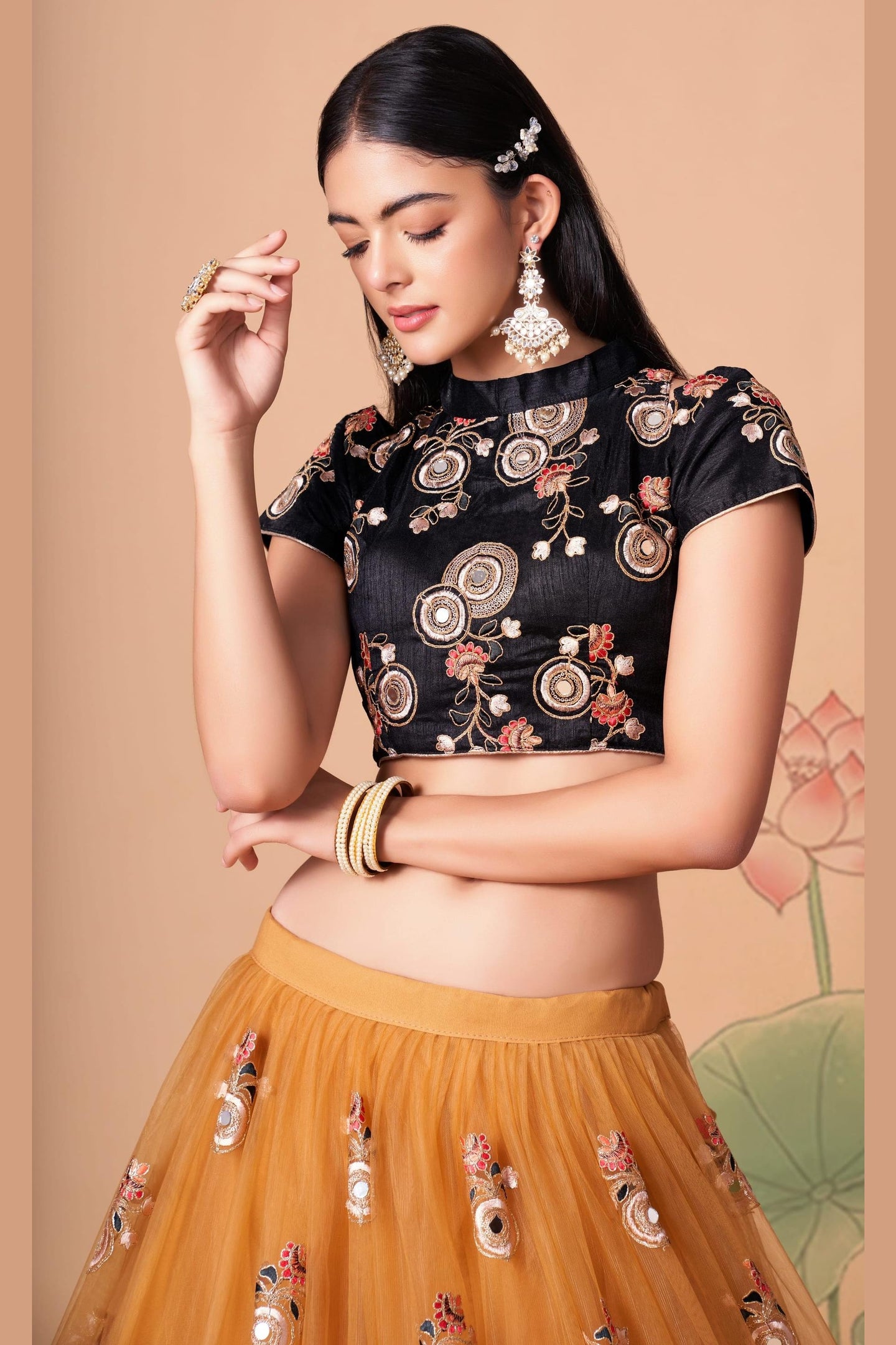 Golden Yellow Art Silk Lehenga Choli For Indian & Pakistani Wedding Festival - Sequins & Thread Embroidery Work, Zari Work, Real Mirror Work, Mirr