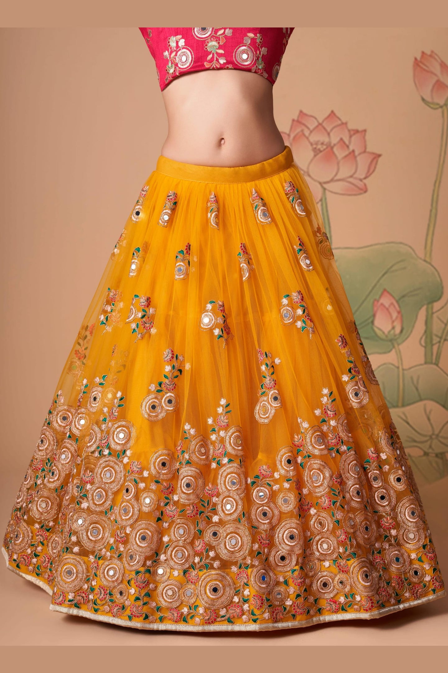 Yellow Art Silk Lehenga Choli For Indian & Pakistani Wedding Festival - Sequins & Thread Embroidery Work, Zari Work, Real Mirror Work, Mirr