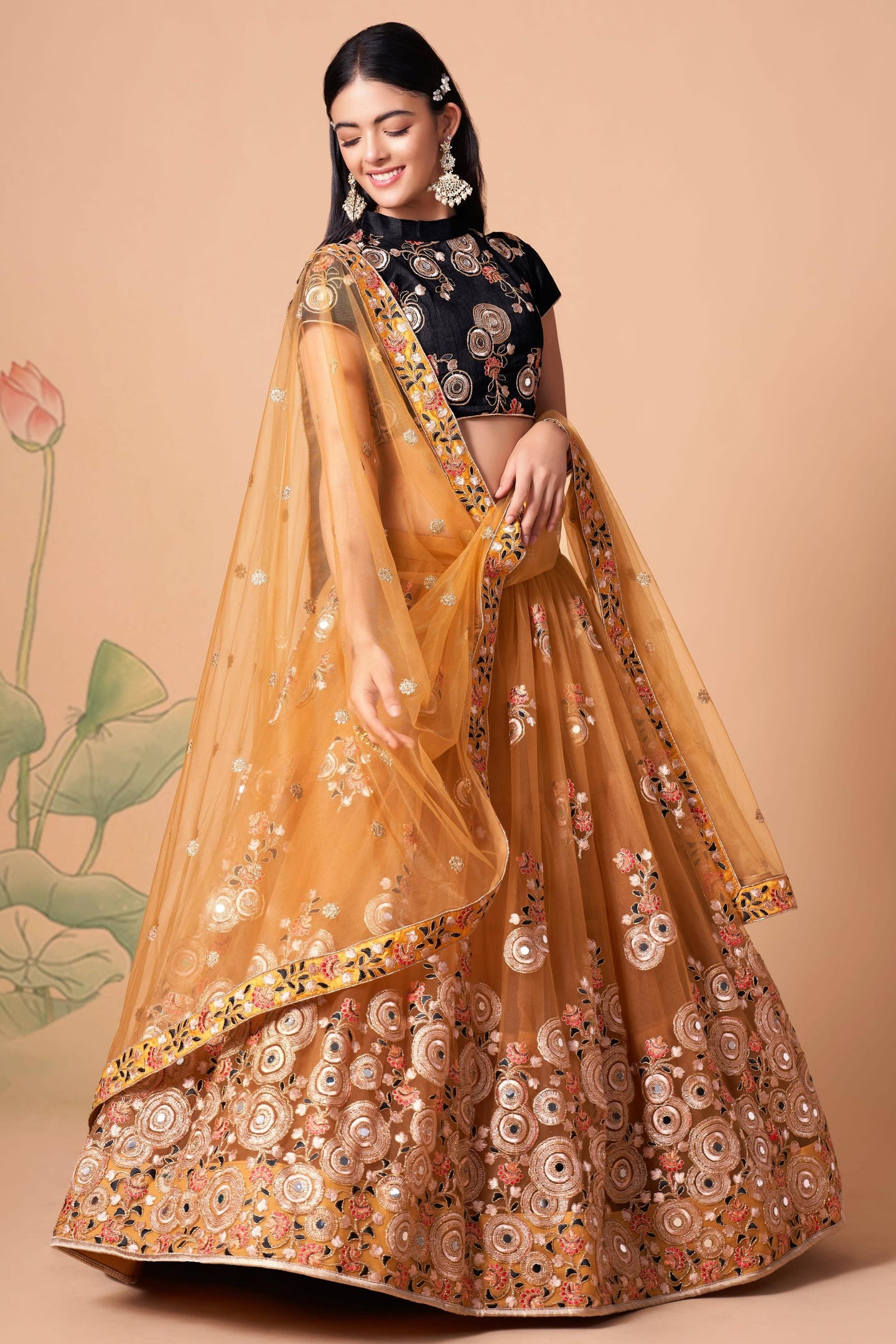 Golden Yellow Art Silk Lehenga Choli For Indian & Pakistani Wedding Festival - Sequins & Thread Embroidery Work, Zari Work, Real Mirror Work, Mirr