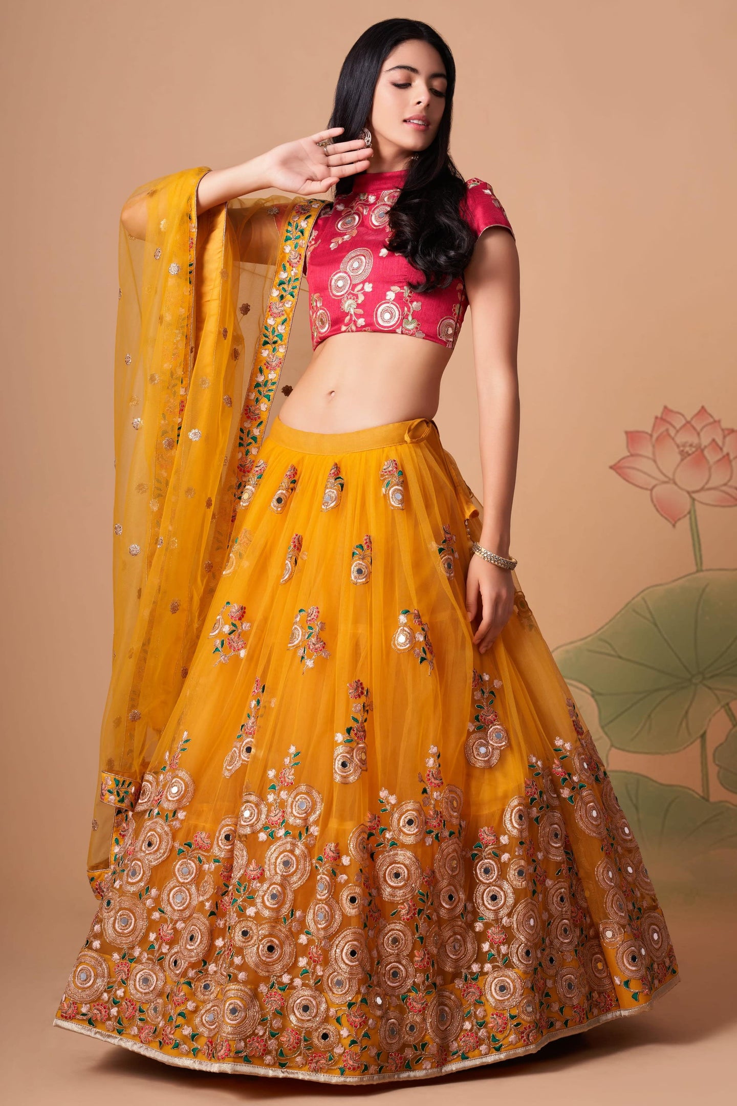 Yellow Art Silk Lehenga Choli For Indian & Pakistani Wedding Festival - Sequins & Thread Embroidery Work, Zari Work, Real Mirror Work, Mirr