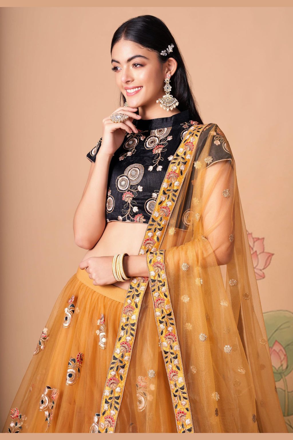 Golden Yellow Art Silk Lehenga Choli For Indian & Pakistani Wedding Festival - Sequins & Thread Embroidery Work, Zari Work, Real Mirror Work, Mirr