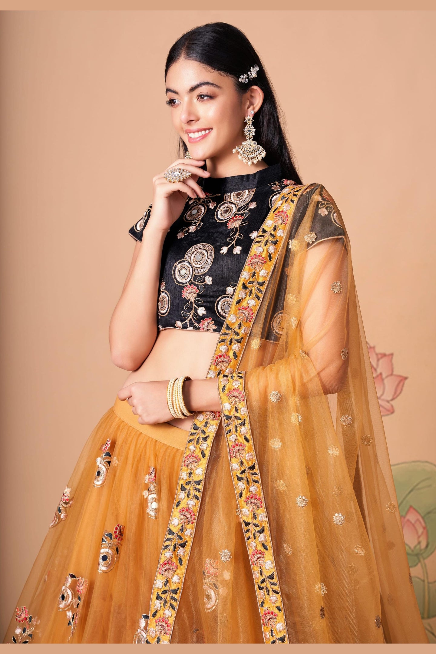 Golden Yellow Art Silk Lehenga Choli For Indian & Pakistani Wedding Festival - Sequins & Thread Embroidery Work, Zari Work, Real Mirror Work, Mirr
