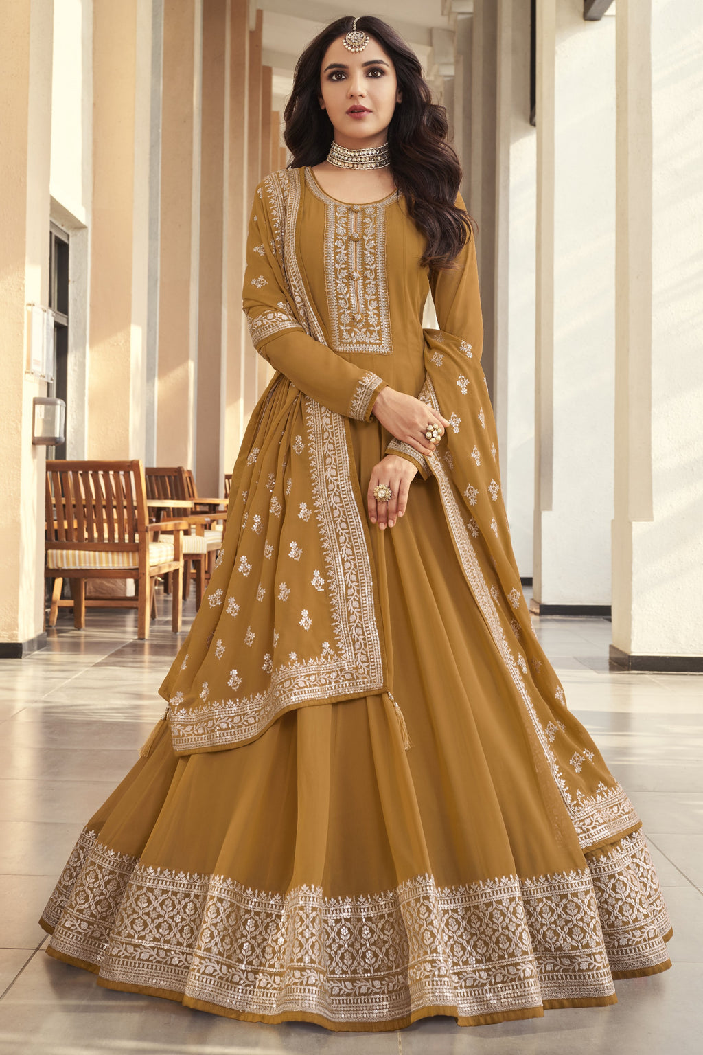 Golden Yellow Georgette Silk Long Anarkali Suit For Indian Festivals & Pakistani Weddings Dress - Embroidery Work