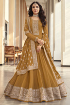 Golden Yellow Georgette Silk Long Anarkali Suit For Indian Festivals & Pakistani Weddings Dress - Embroidery Work