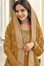 Golden Yellow Georgette Silk Long Anarkali Suit For Indian Festivals & Pakistani Weddings Dress - Embroidery Work