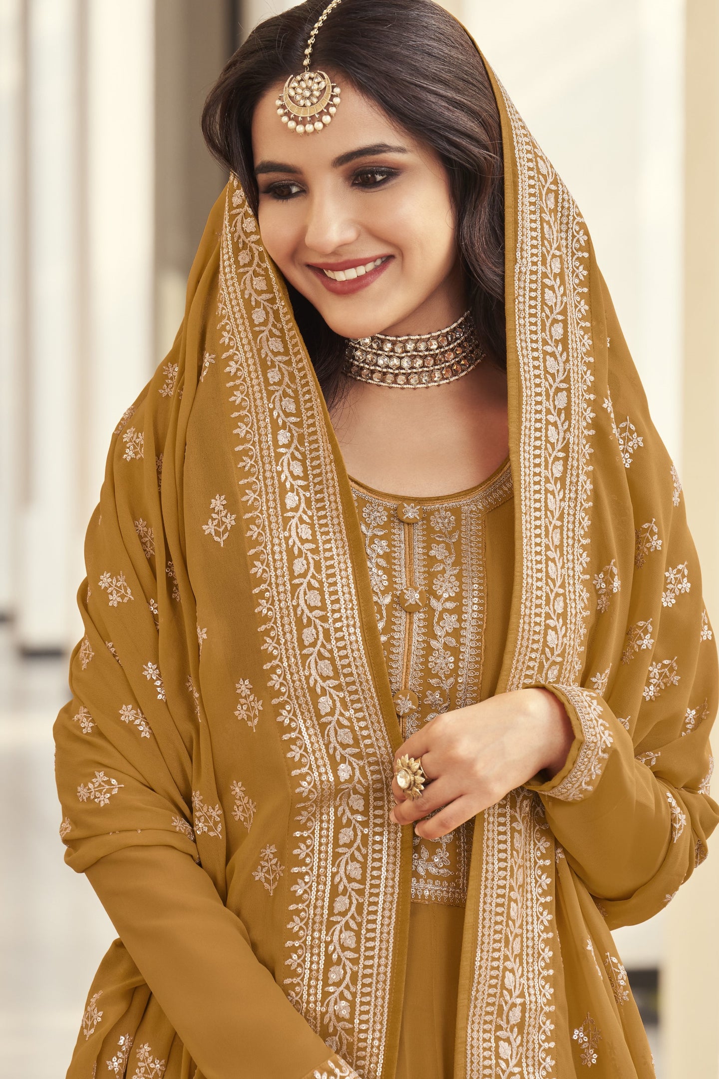Golden Yellow Georgette Silk Long Anarkali Suit For Indian Festivals & Pakistani Weddings Dress - Embroidery Work