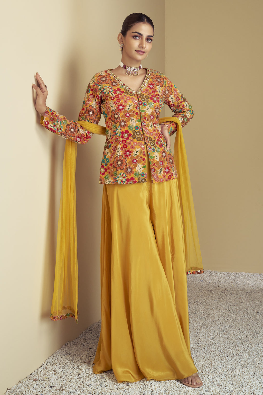 Golden Yellow Chinon Silk Plazo for Indian & Pakistani Wedding Festival - Print Work, Hand Work
