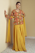 Golden Yellow Chinon Silk Plazo for Indian & Pakistani Wedding Festival - Print Work, Hand Work