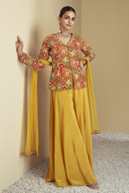 Golden Yellow Chinon Silk Plazo for Indian & Pakistani Wedding Festival - Print Work, Hand Work