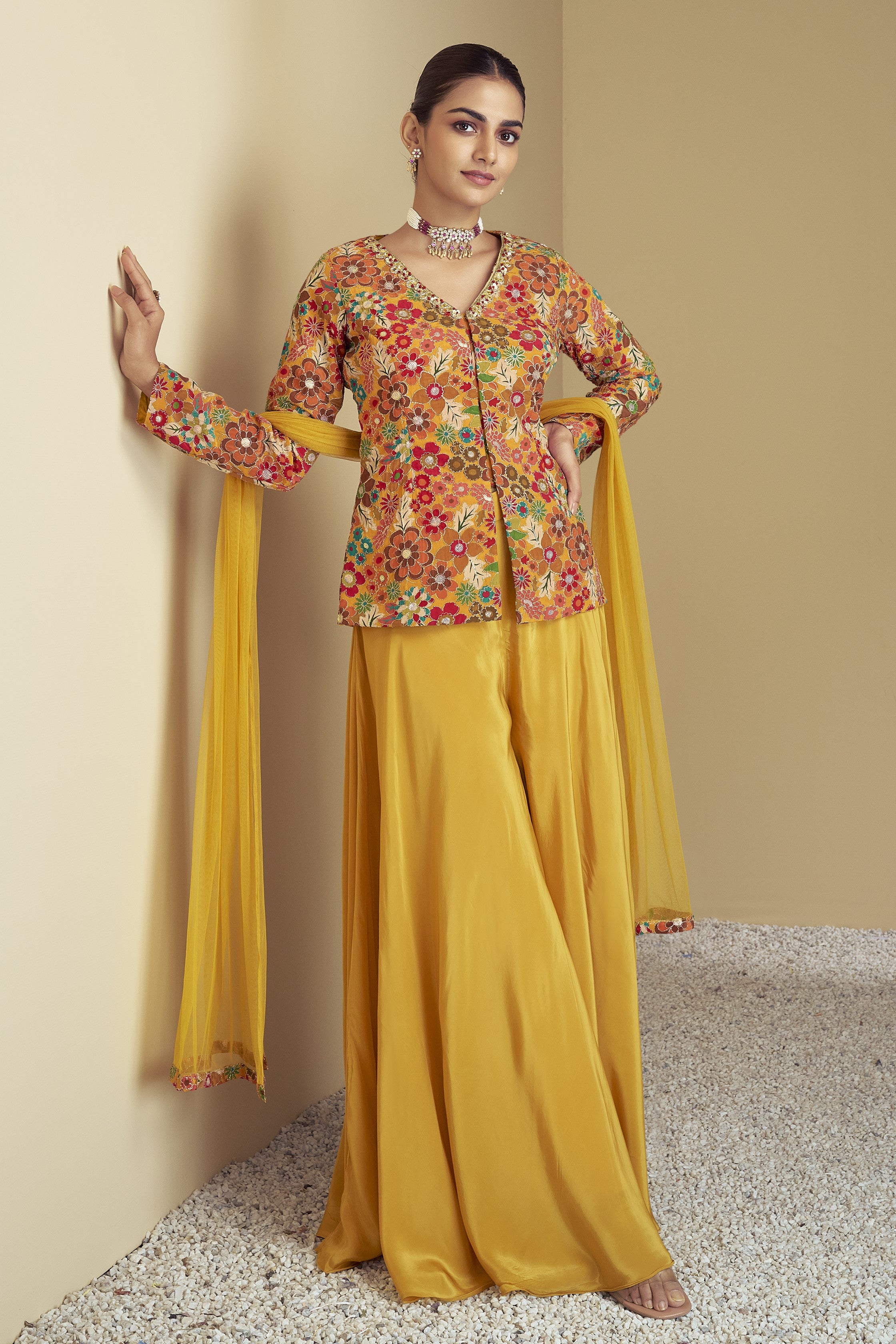 Golden Yellow Chinon Silk Plazo for Indian & Pakistani Wedding Festival - Print Work, Hand Work