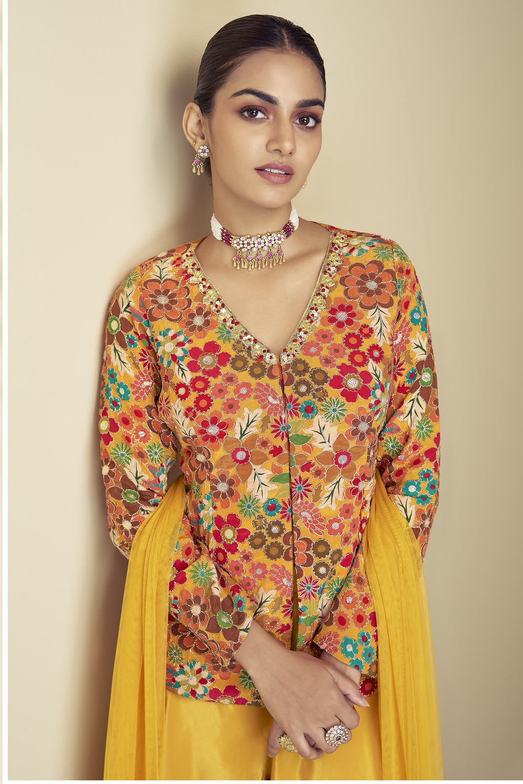 Golden Yellow Chinon Silk Plazo for Indian & Pakistani Wedding Festival - Print Work, Hand Work