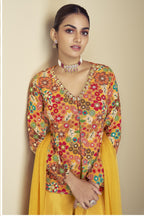 Golden Yellow Chinon Silk Plazo for Indian & Pakistani Wedding Festival - Print Work, Hand Work