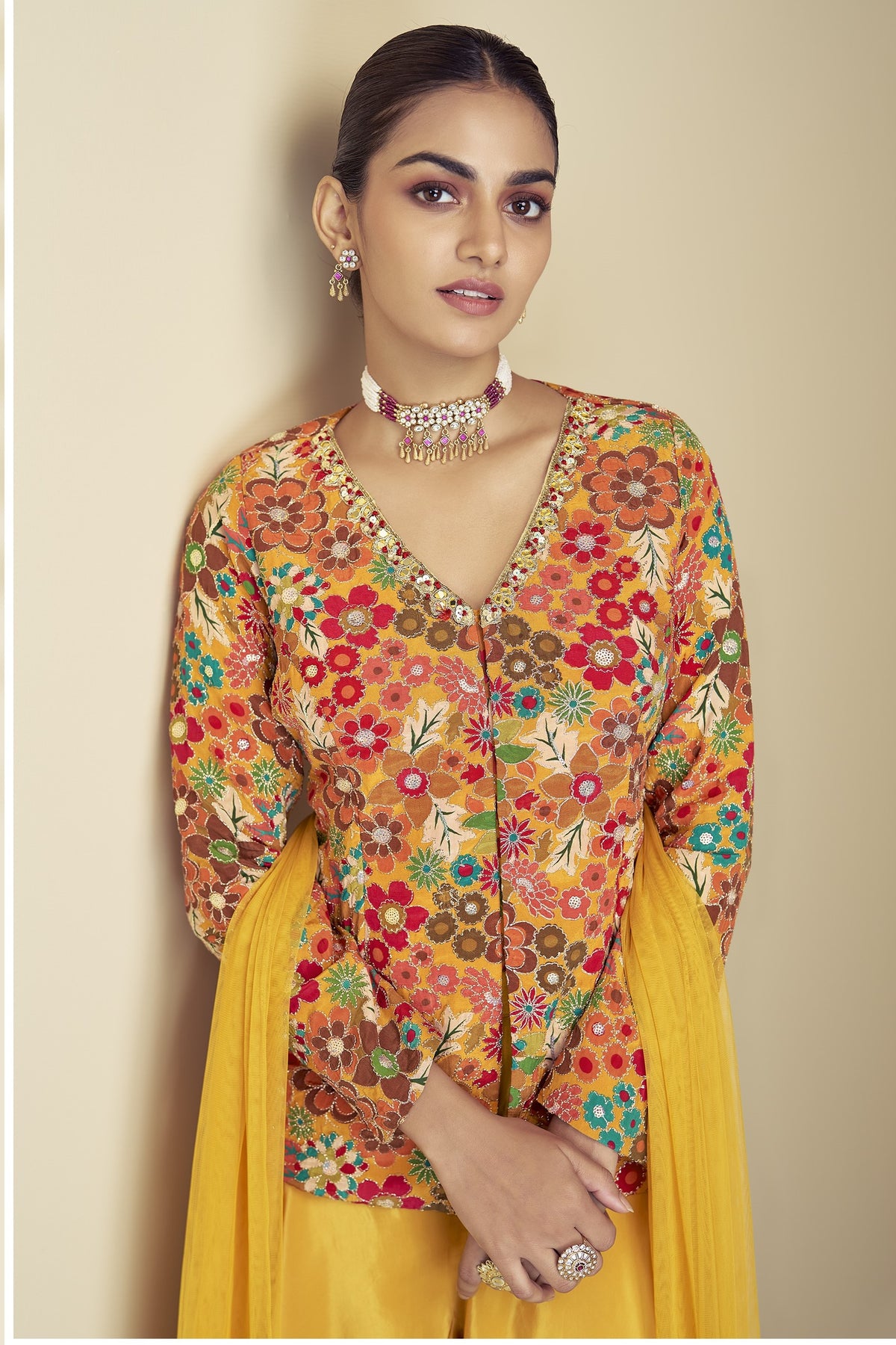 Golden Yellow Chinon Silk Plazo for Indian & Pakistani Wedding Festival - Print Work, Hand Work