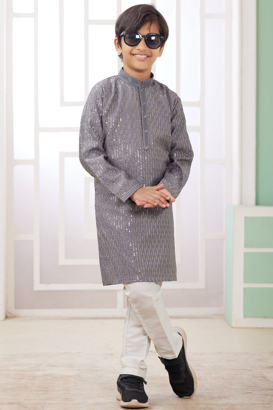 Gray Art Silk 2 Piece Kids Wear Boys Suit Long Kurta Pajama for Kids for Festivals & Wedding - Embroidery Work