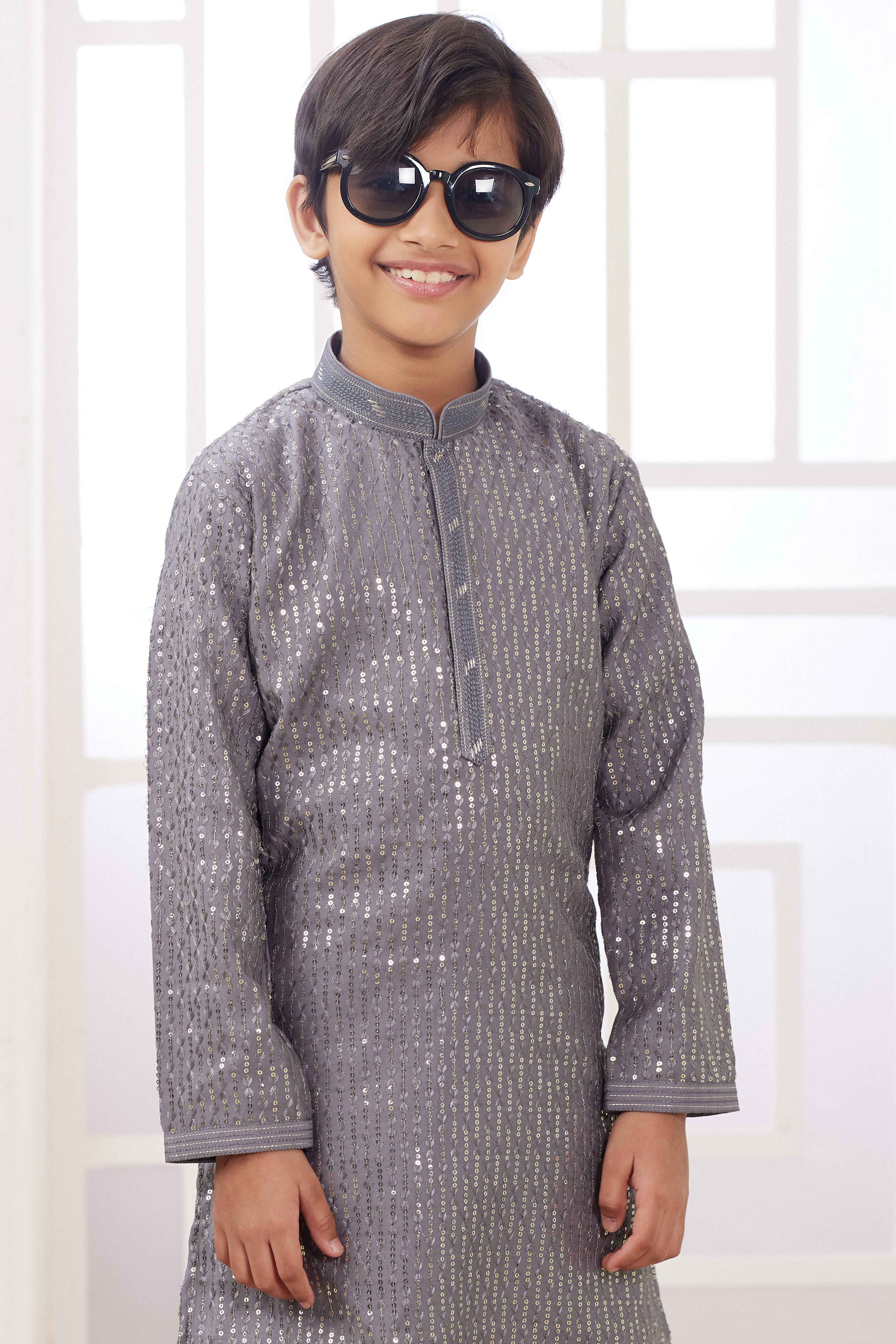 Gray Art Silk 2 Piece Kids Wear Boys Suit Long Kurta Pajama for Kids for Festivals & Wedding - Embroidery Work