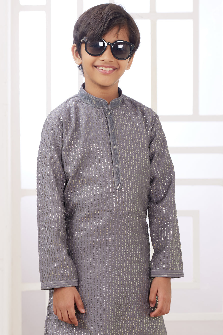 Gray Art Silk 2 Piece Kids Wear Boys Suit Long Kurta Pajama for Kids for Festivals & Wedding - Embroidery Work