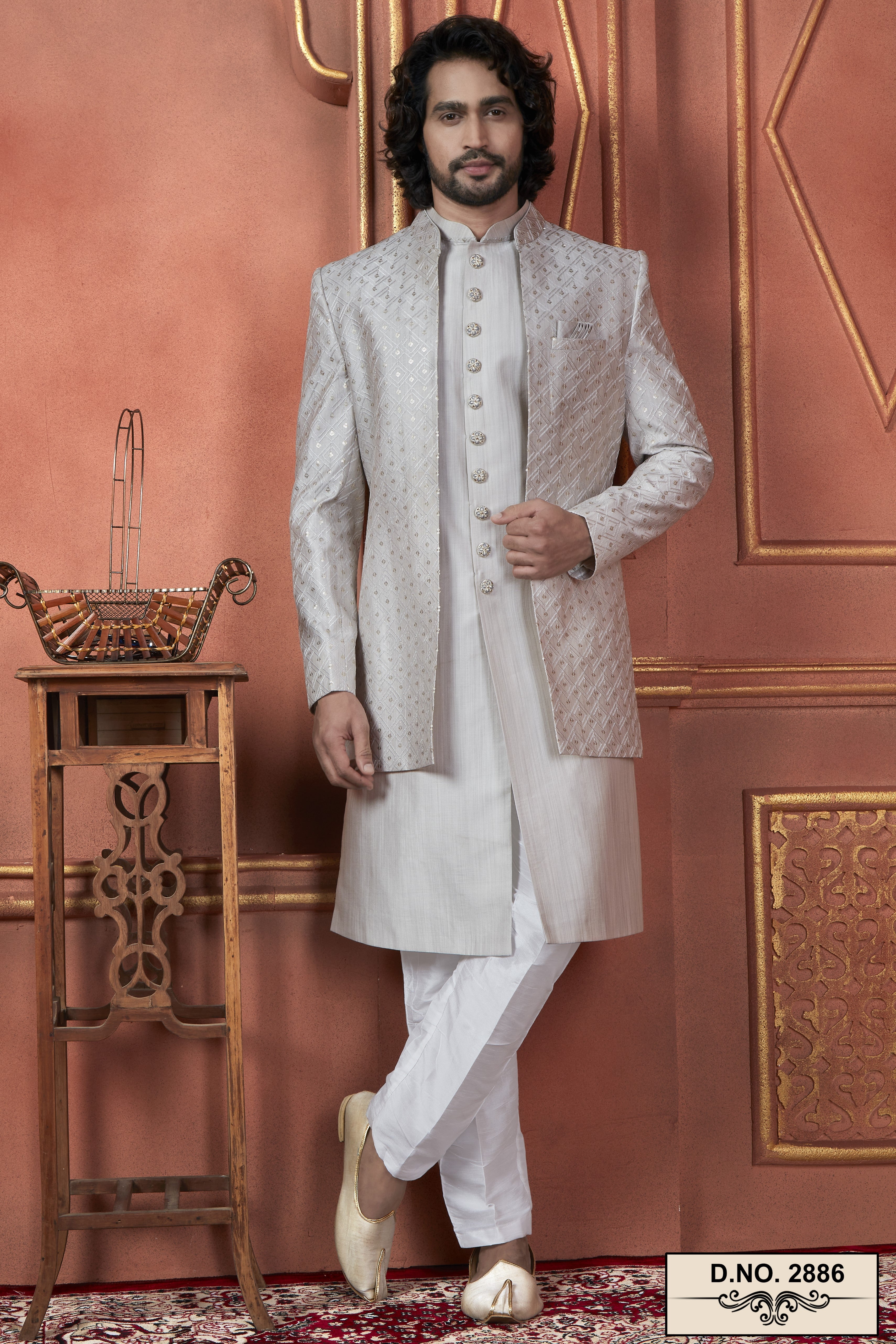 Gray Art Silk Traditional Indo Western Sherwani Kurta with Jacket & Pant Suit for Men - Thread Embroidery Work