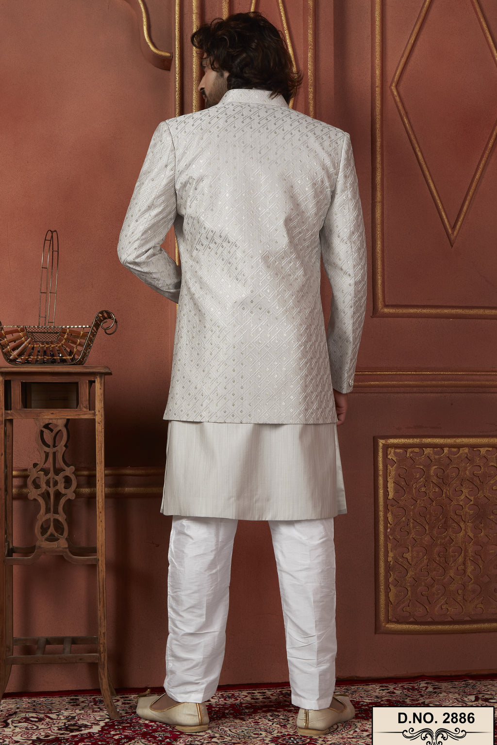 Gray Art Silk Traditional Indo Western Sherwani Kurta with Jacket & Pant Suit for Men - Thread Embroidery Work