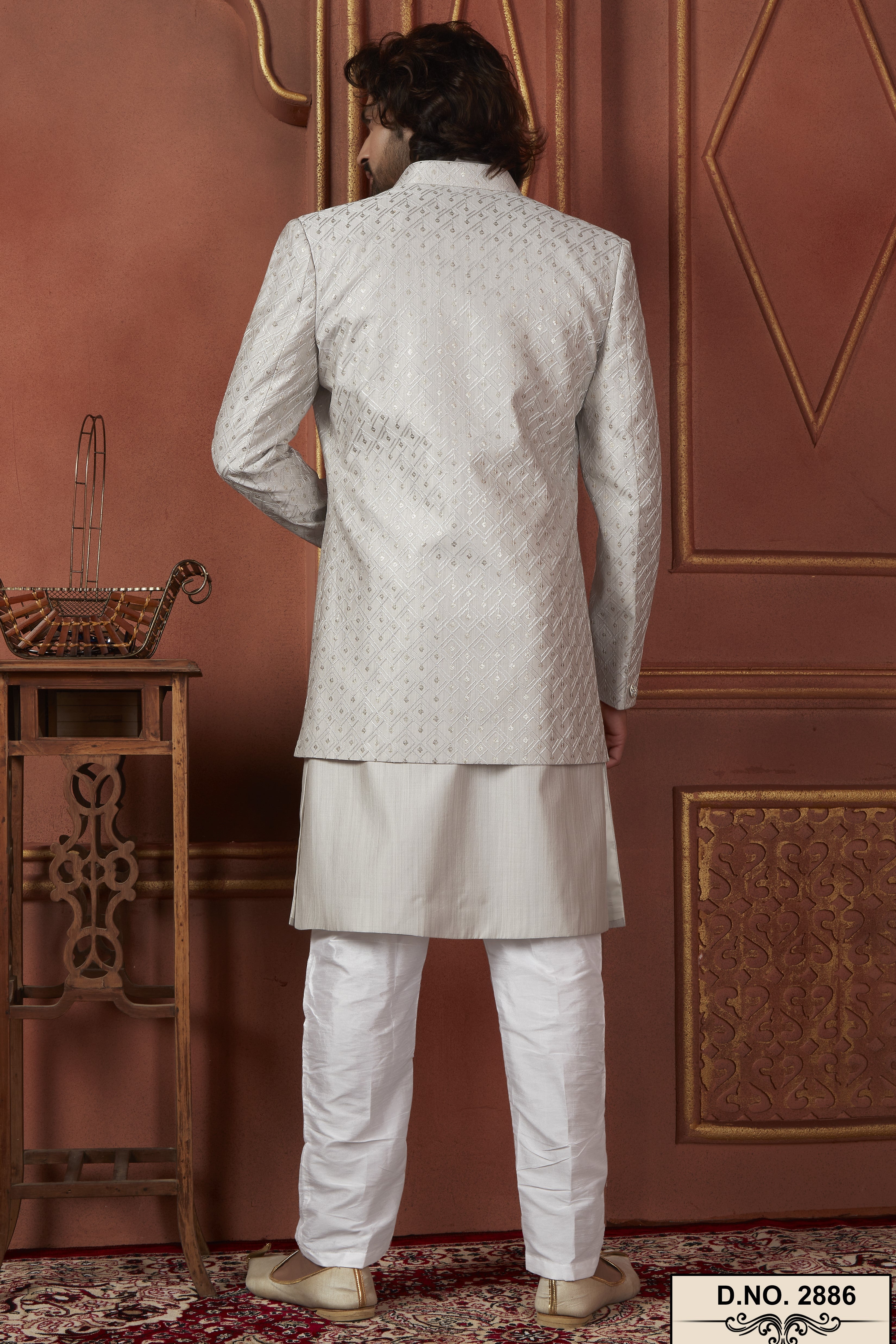 Gray Art Silk Traditional Indo Western Sherwani Kurta with Jacket & Pant Suit for Men - Thread Embroidery Work