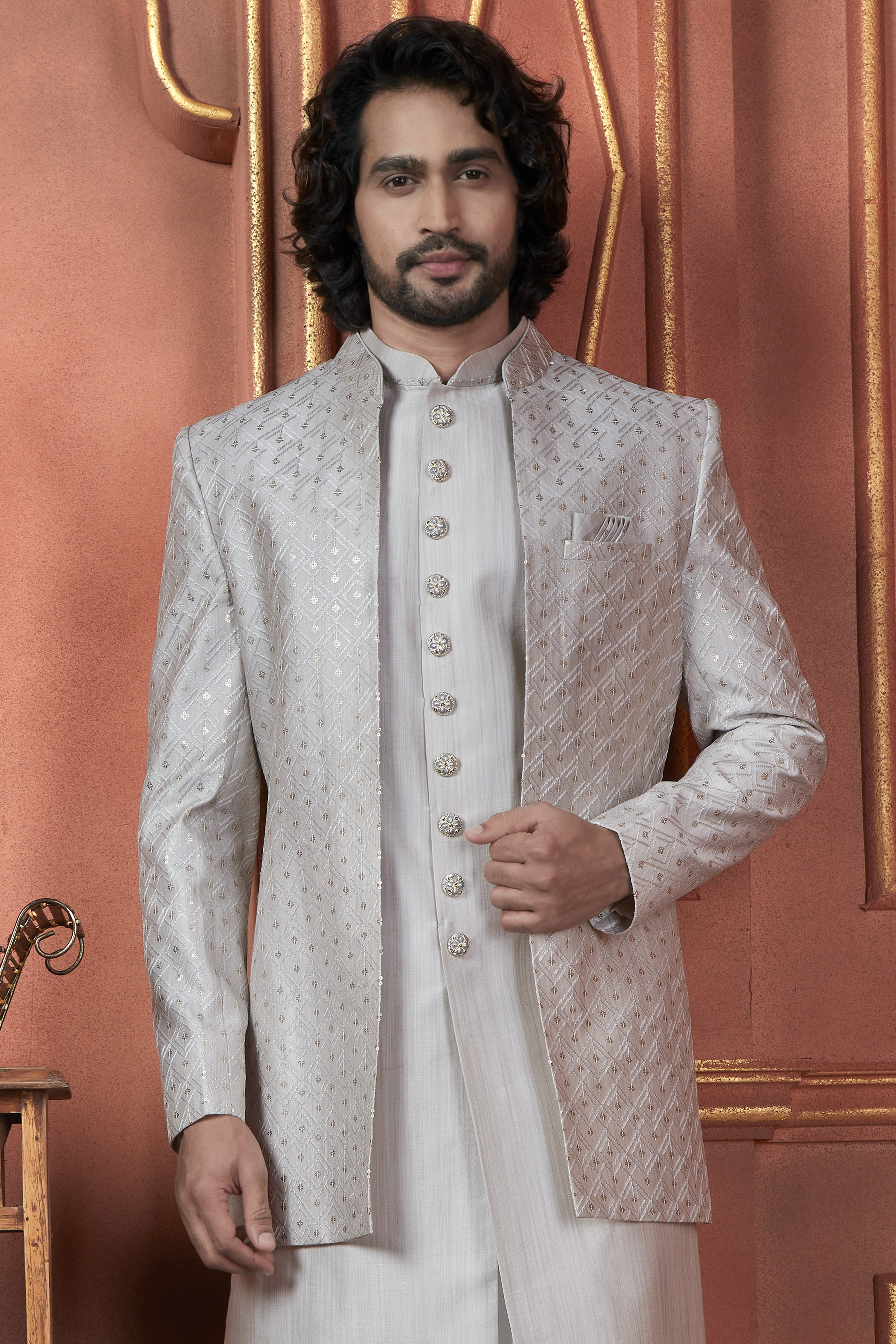 Gray Art Silk Traditional Indo Western Sherwani Kurta with Jacket & Pant Suit for Men - Thread Embroidery Work