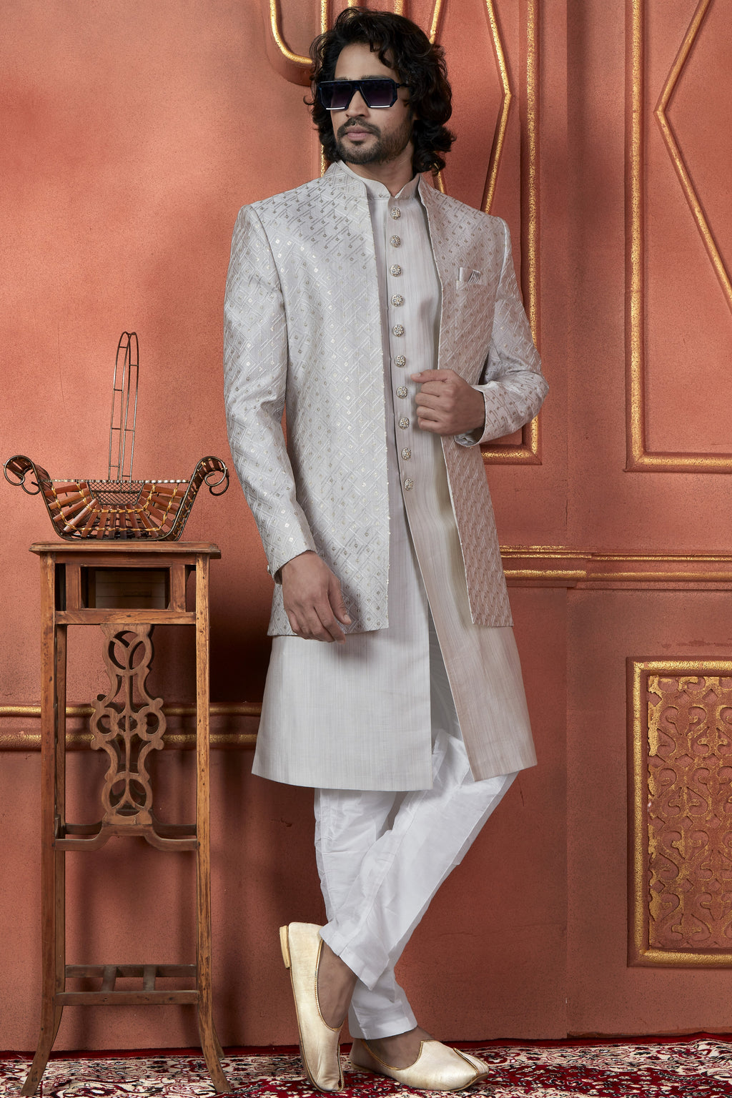 Gray Art Silk Traditional Indo Western Sherwani Kurta with Jacket & Pant Suit for Men - Thread Embroidery Work