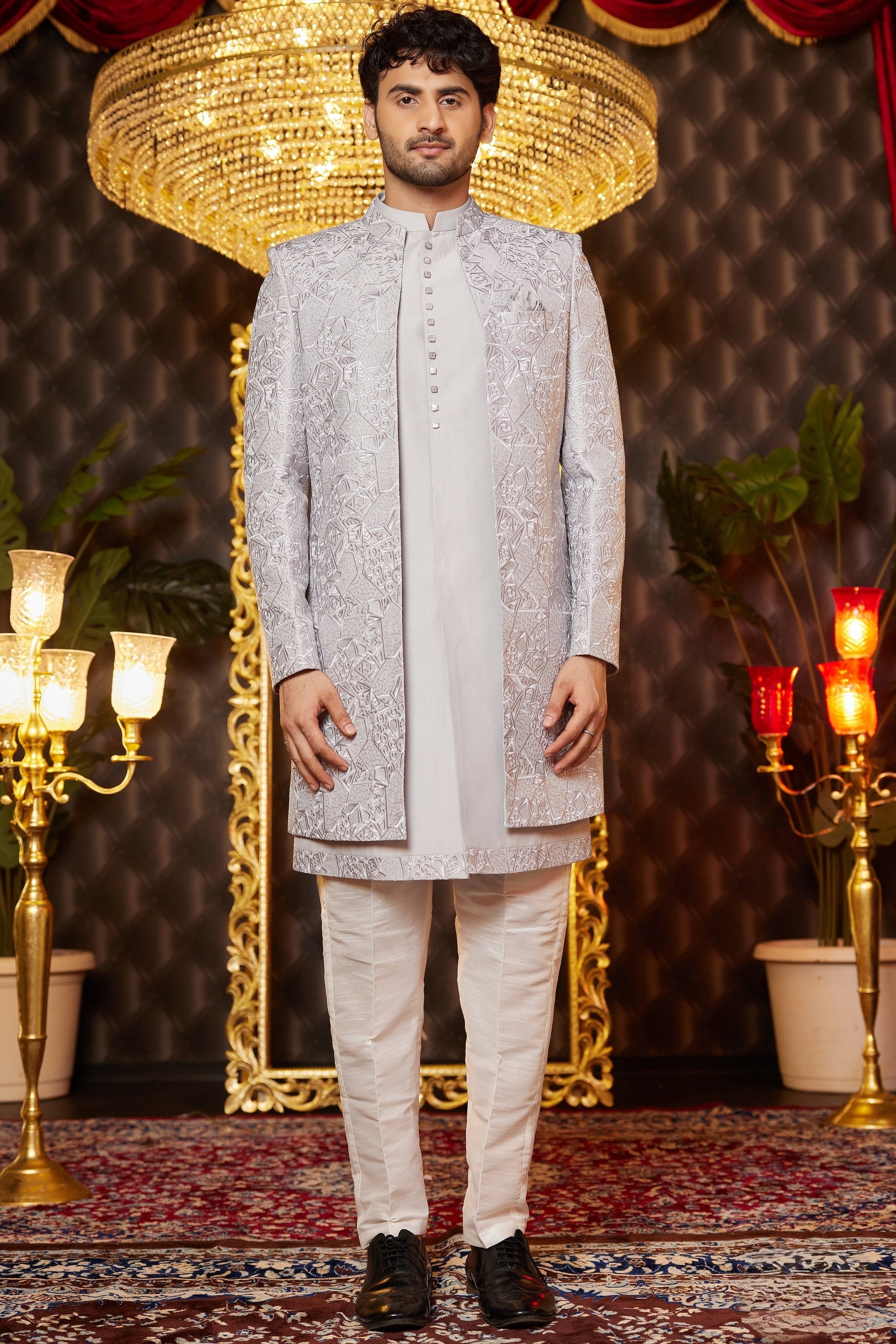 Gray Art Silk Traditional Indo Western Sherwani Long Kurta & Pant for Men for Wedding - Embroidery Work