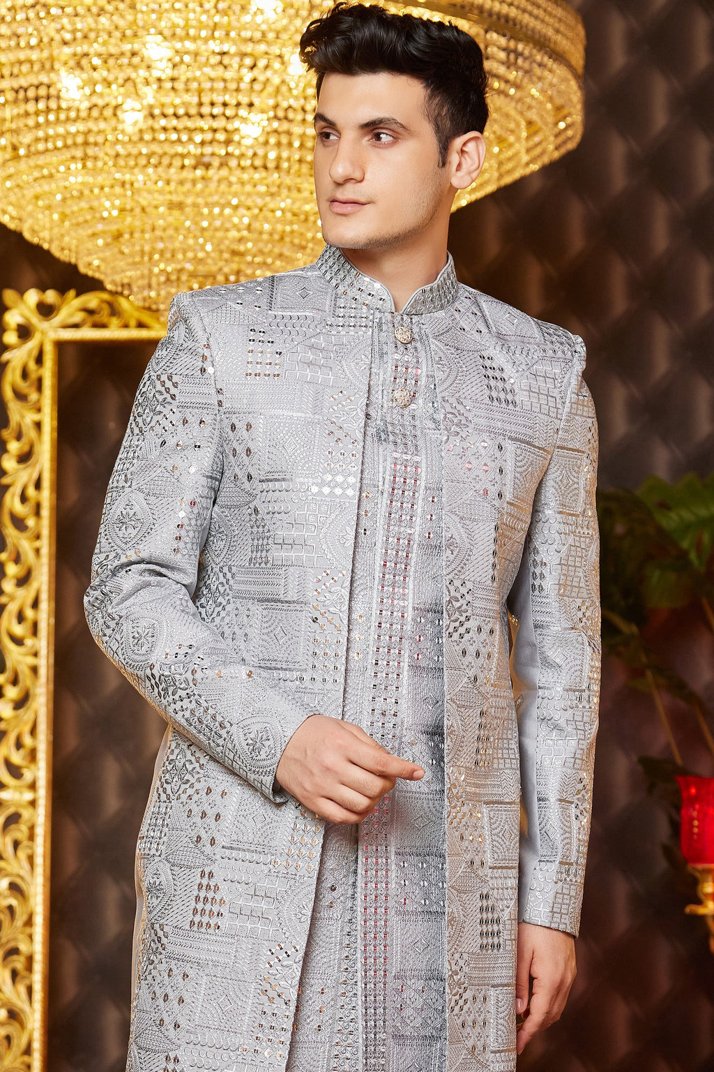 Gray Art Silk Traditional Indo Western Sherwani Long Kurta & Pant for Men for Wedding - Embroidery Work