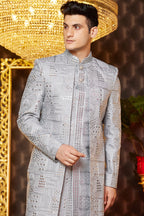 Gray Art Silk Traditional Indo Western Sherwani Long Kurta & Pant for Men for Wedding - Embroidery Work