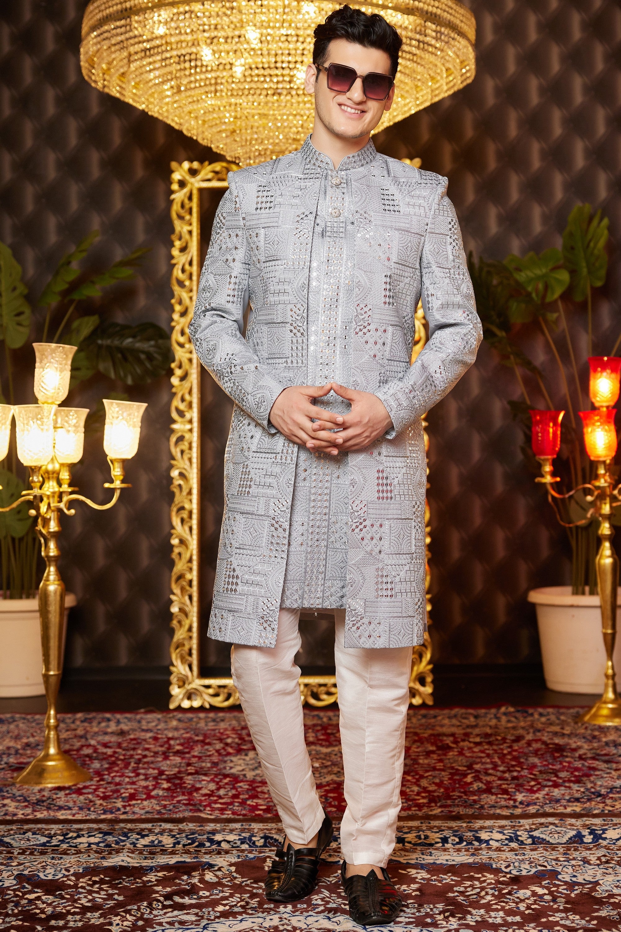 Gray Art Silk Traditional Indo Western Sherwani Long Kurta & Pant for Men for Wedding - Embroidery Work