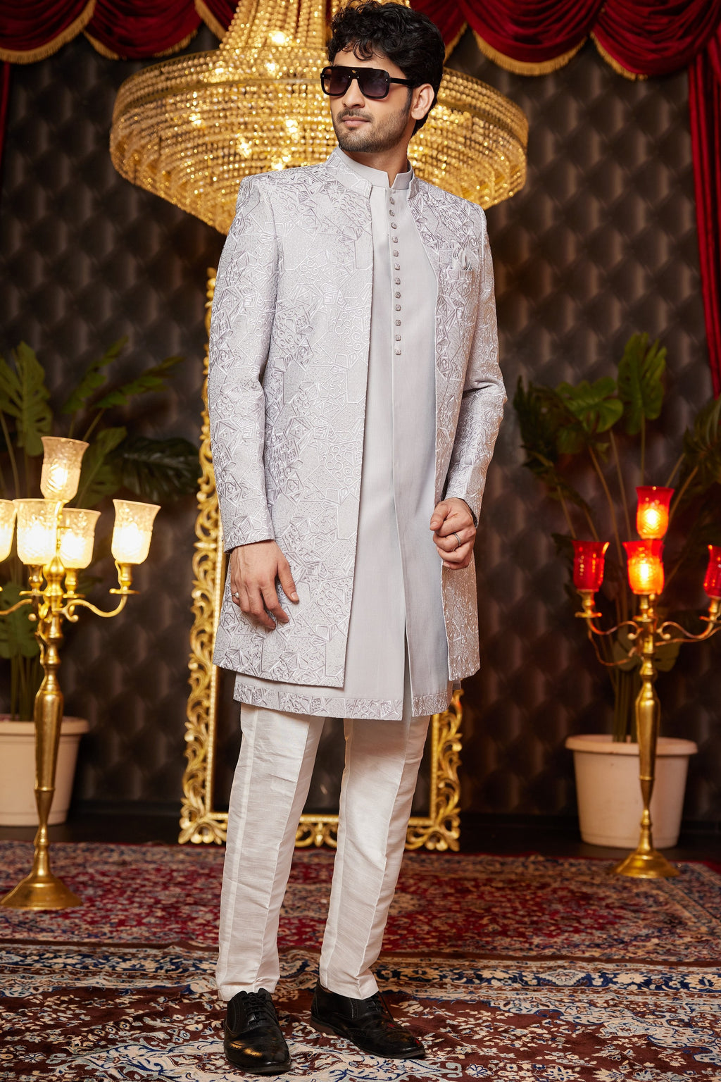Gray Art Silk Traditional Indo Western Sherwani Long Kurta & Pant for Men for Wedding - Embroidery Work